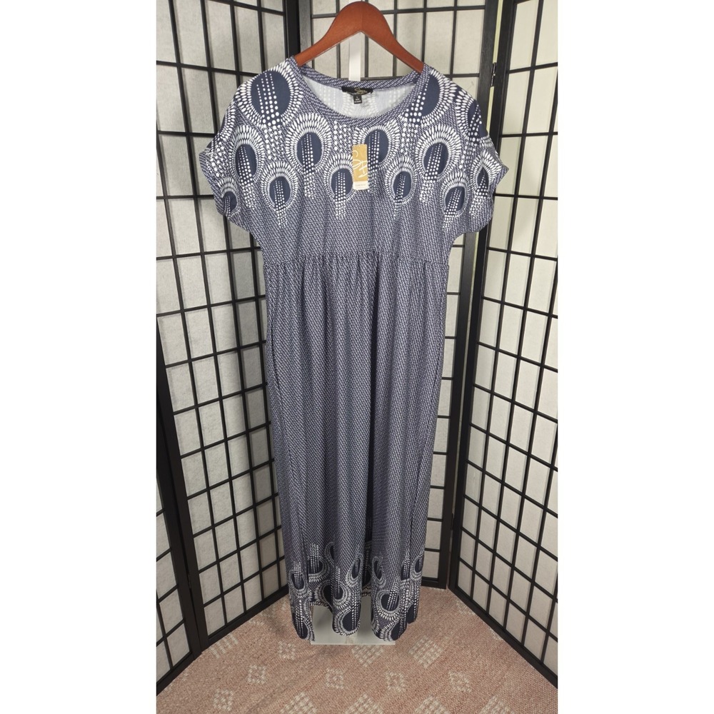 Suzanne Betro Navy & White Print Maxi Dress sz L NWT